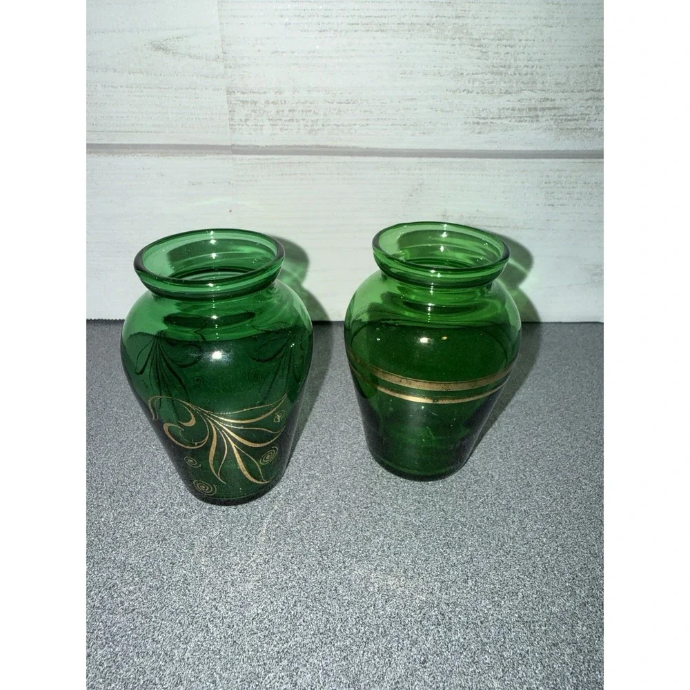 VTG 50s Forest Green Anchor Hocking Little Bud‎ Vase Pair Gold  3.75